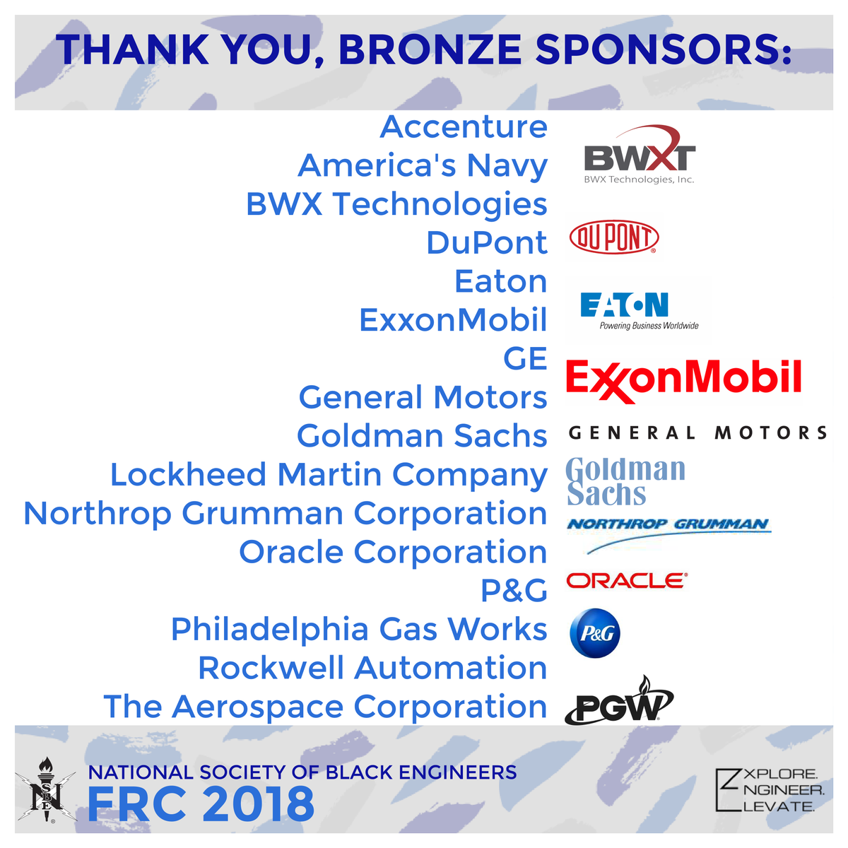 R2NSBE's tweet photo. We would like to thank our bronze sponsors for everything they've done for NSBE Region II! Come check them out at #NSBEFRC #R2FRC this week! https://t.co/C8v6GanRdP