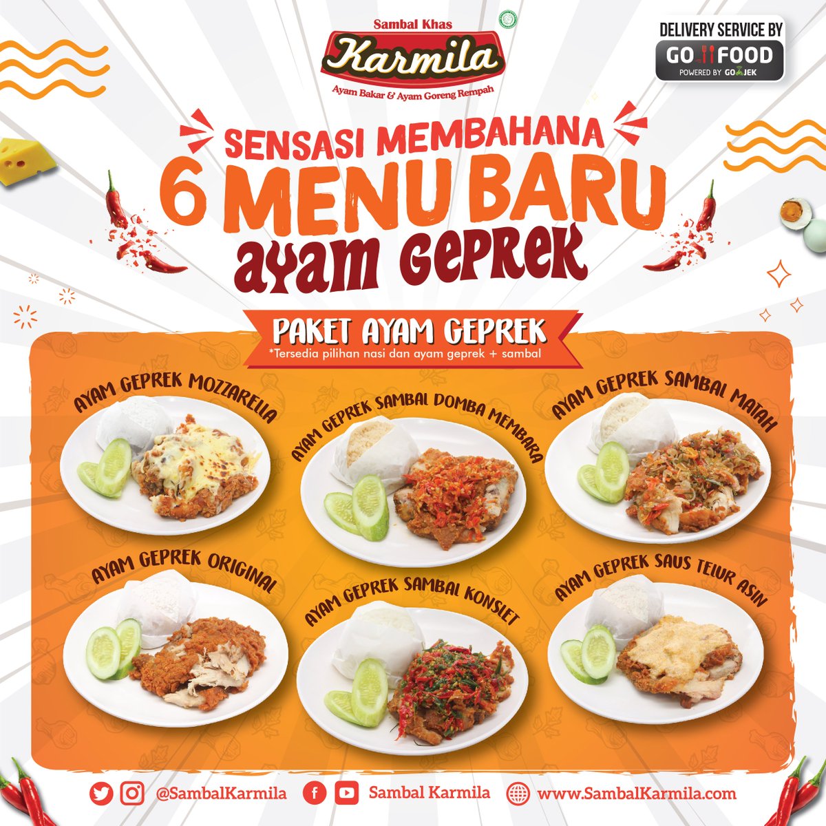 6 MENU BARU AYAM GEPREK SAMBAL KARMILA siap menyajikan kenikmatan 'kress-nyess' yang membahana! Yuk cobain sekarang juga di Sambal Karmila!
