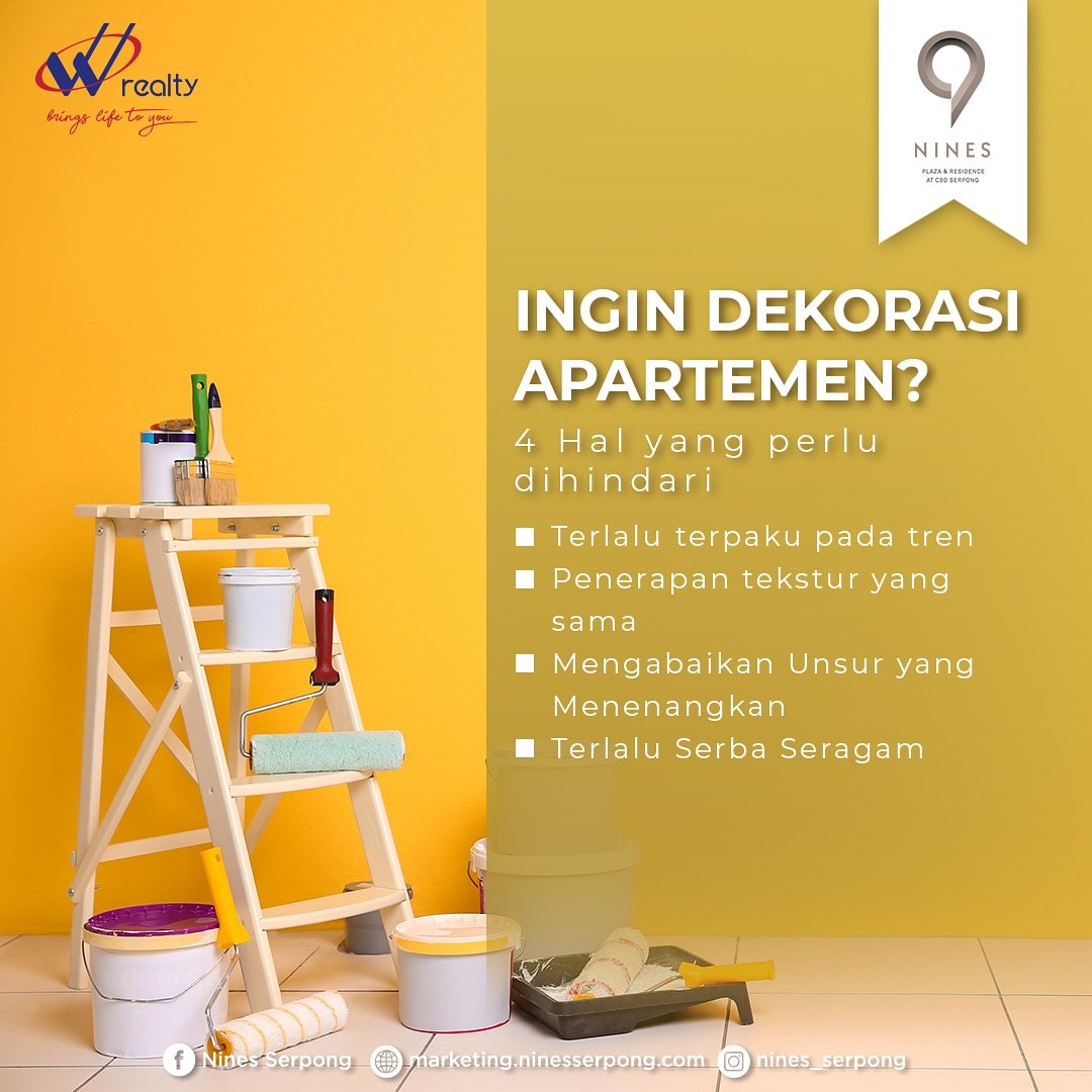 VasakaNines's tweet image. Mendekorasi apartemen nyatanya tak sekadar meletakkan barang-barang perabotan yang Anda senangi saja. Diperlukan berbagai trik agar apartemen Anda tampil cantik. Menurut Anda, apa saja sih yang perlu dihindari saat mendekorasi apartemen? #nineserpong #tipsinterior