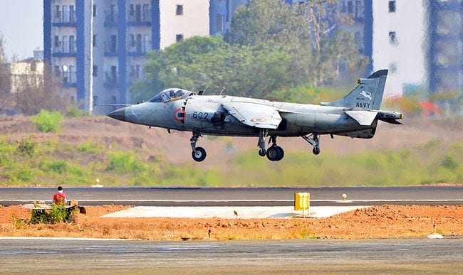 A Harrier touches down at the mother base in Goa!