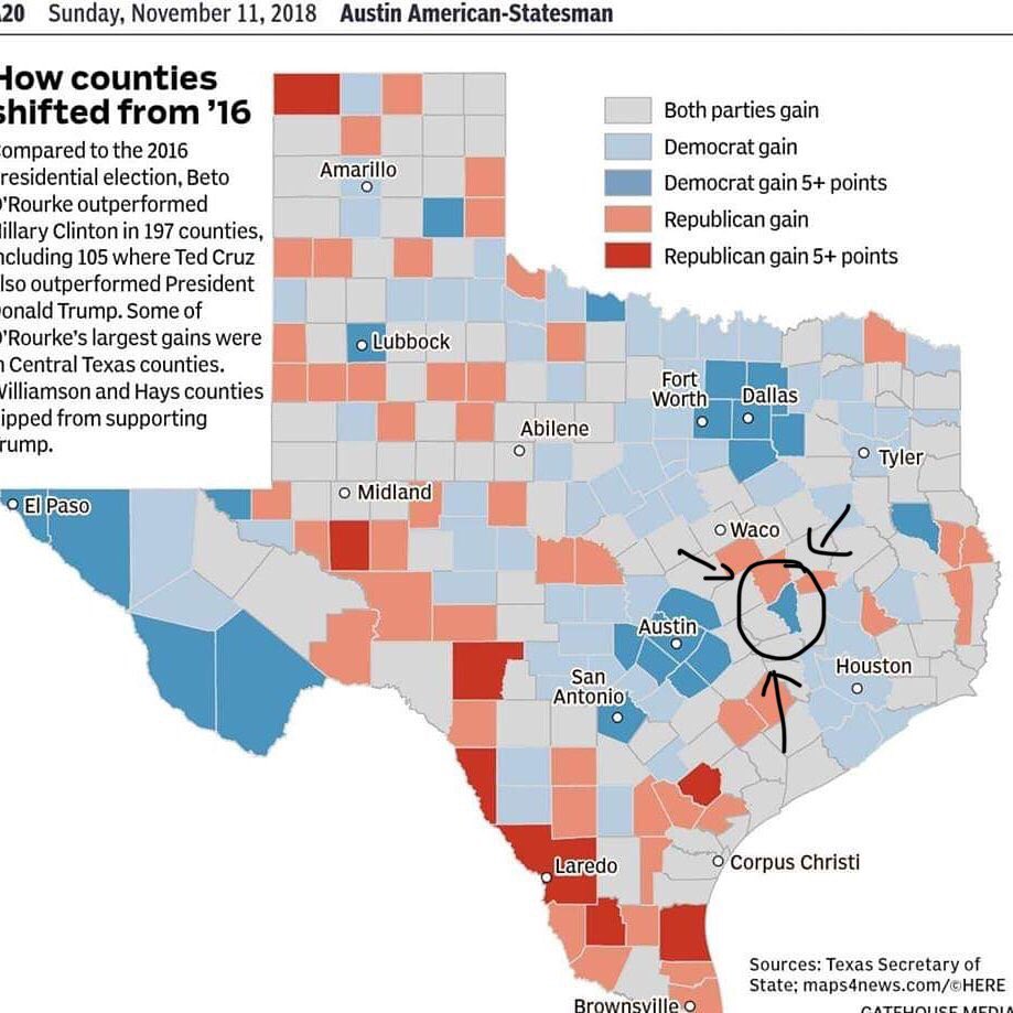 Brazos County is one of few places to get significantly more blue (outside of big cities). Be proud, activists!