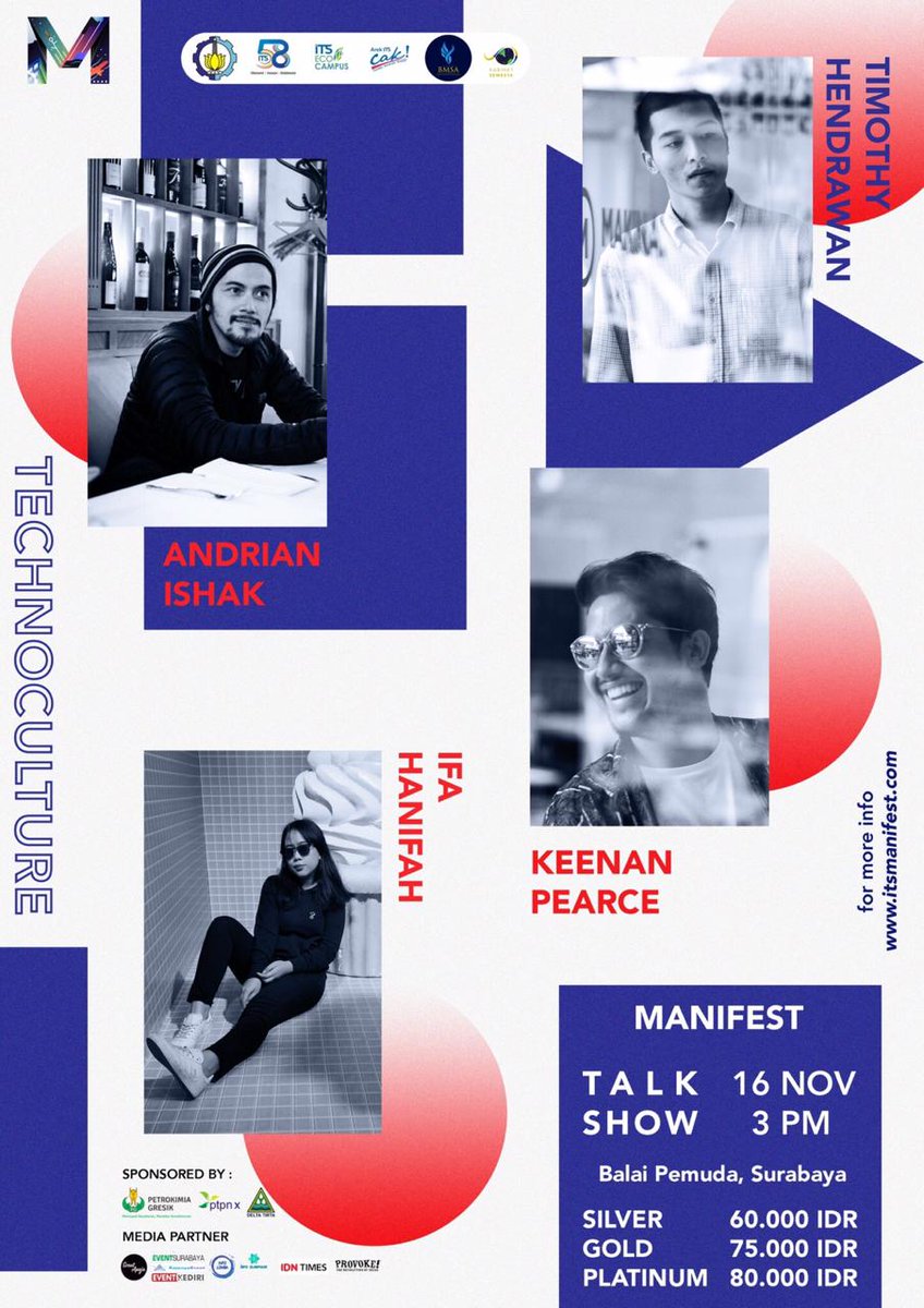 -MANIFEST TECHNOCULTURE 2018-
Jumat, 16 November 2018
<a href="/BalaiPemuda/">Gedung Balai Pemuda</a> Surabaya
Guest Star:
- Ifa Hanifah
- Andrian Ishak
- Timothy Hendrawan
- Keenan Pearce
For further information :
CP : Adis (id line:bnr_ / 082234547205 )
Lukita (id line:lukitazizah / 081216397017)
#THE5THMANIFEST