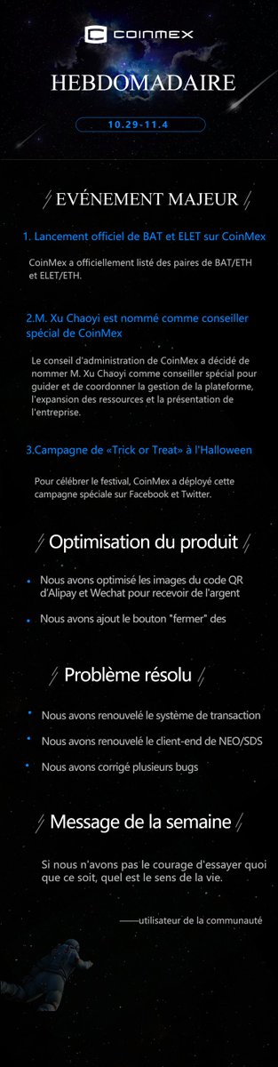 CoinmexF's tweet photo. Hebdomadaire de CoinMex
2018.10.29—2018.11.4 https://t.co/c7hDlBvs7O