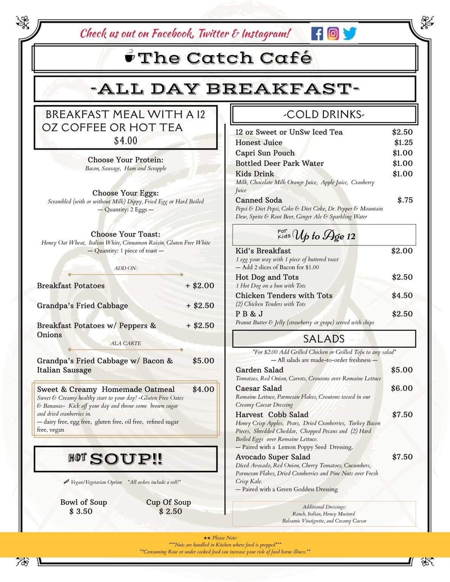 TheCatchCafe's tweet photo. The Catch Cafe is under new management and along with that comes new and tasty food! 

We are so excited!

Come try what’s been said to be 
“the Best coffee in the county!”

From salads to cheesesteaks, we got something for you!

We start serving the public on Nov. 14th, 2018. https://t.co/l5q1dFBnU6