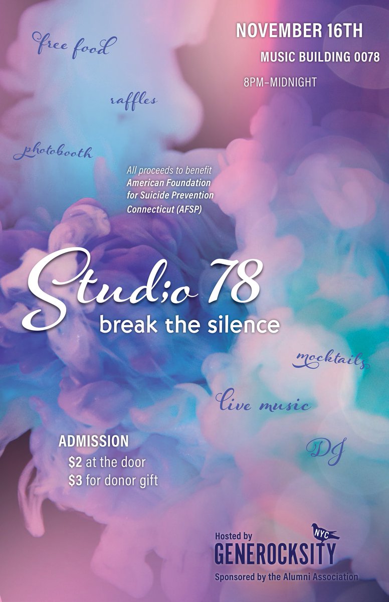 GenerocksityN's tweet image. Join us this Friday for live music, food, photo booth, mocktails, a DJ and dancing at Stud;o 78! Entry is only $2 ($3 for a special donor gift) Sponsored by the Alumni Association. All proceeds go to the American Foundation for Suicide Prevention Connecticut.