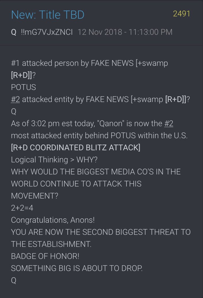 !!NEW Q!! 23:13 #1 attacked person by FAKE NEWS [+swamp [R+D]]?POTUS#2 attacked entity by FAKE NEWS [+swamp [R+D]]? QAs of 3:02 pm est today, "Qanon" is now the #2 most attacked entity behind POTUS within the U.S.  #QAnon  @realDonaldTrump