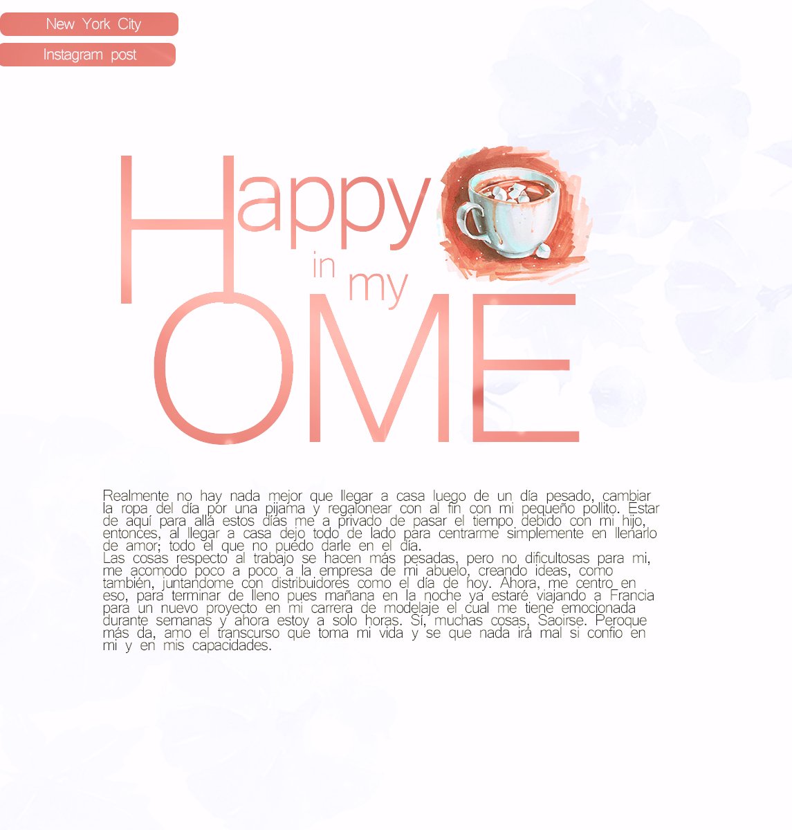ㅤㅤㅤㅤㅤ             Happy in my home
                               Instagram.┊November thirteen

Y sí, me encuentro en casa luego de un día larguísimo, solo me queda unirme a mi enano en la cama y morir de amor junto a él para luego caer dormidos. Una taza de té no falla.