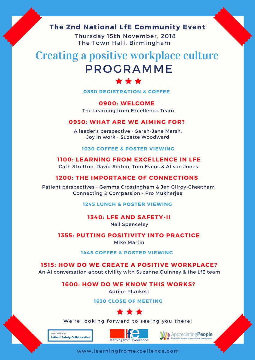 Here’s the programme for the 2nd national #LfEConference18. So looking forward to it <a href="/adrianplunkett/">Adrian Plunkett</a> <a href="/PtSafetyWM/">West Midlands PSC</a> @wmahsn <a href="/SuzetteWoodward/">SuzetteWoodward 💙</a> <a href="/neilspenceley/">Neil Spenceley</a> <a href="/alysonwalkerRHC/">Alyson Walker</a> <a href="/gemolio/">Lucasmateus lucasmateus</a> <a href="/orangedis/">Chris Turner</a> <a href="/AppreciatingP/">Appreciating People</a> <a href="/ProMukherjee/">Pro Mukherjee</a> <a href="/MikeMartinAoB/">Mike Martin</a> @BWCHBoss <a href="/AlisonSJones5/">Alison Jones</a> <a href="/sintydavid/">David Sinton</a> <a href="/gilroy19/">gilroy19</a>
