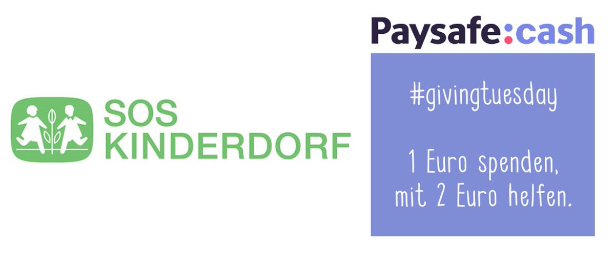 Aus 1 mach 2! 

Für einen guten Zweck verdoppeln wir Ihre Spende am 27.11.2018, die Sie mit Paysafecash tätigen!

Machen Sie mit und helfen Sie uns Gutes zu tun!
sos-kinderdorf.at/campaign/givin…

#ichmachmirdieWeltwiesiemirgefällt #soskinderdorf #givingtuesday #paysafecash