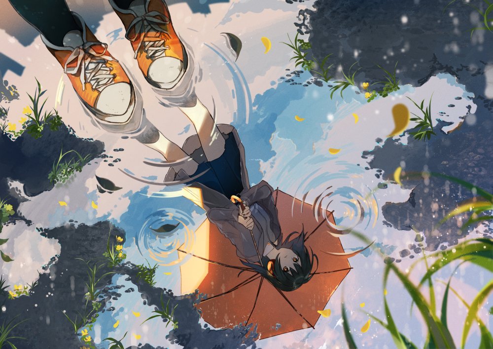 1girl reflection umbrella ripples holding umbrella shoes solo  illustration images