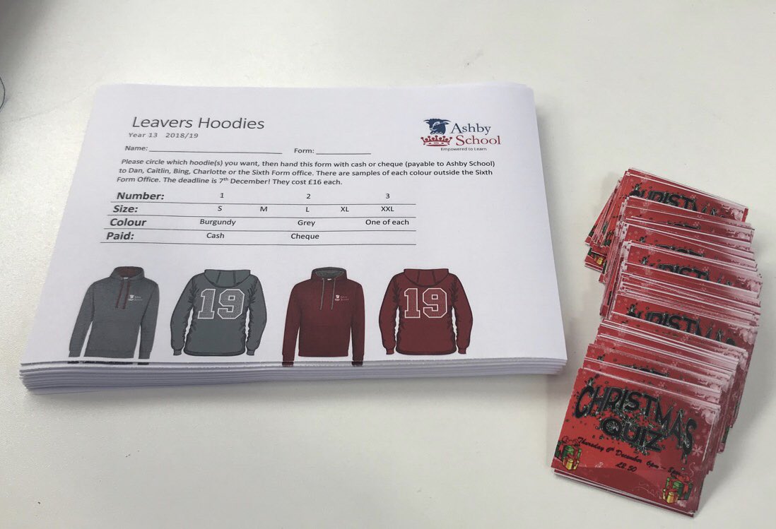 AshbySixth's tweet photo. If anyone would like a Christmas Quiz ticket (£2.50) or a form for a leavers hoodie, you can now get these from the sixth form office, Caitlin, Dan, Bing, Charlotte or house captains. https://t.co/Vc4eMZBSTe