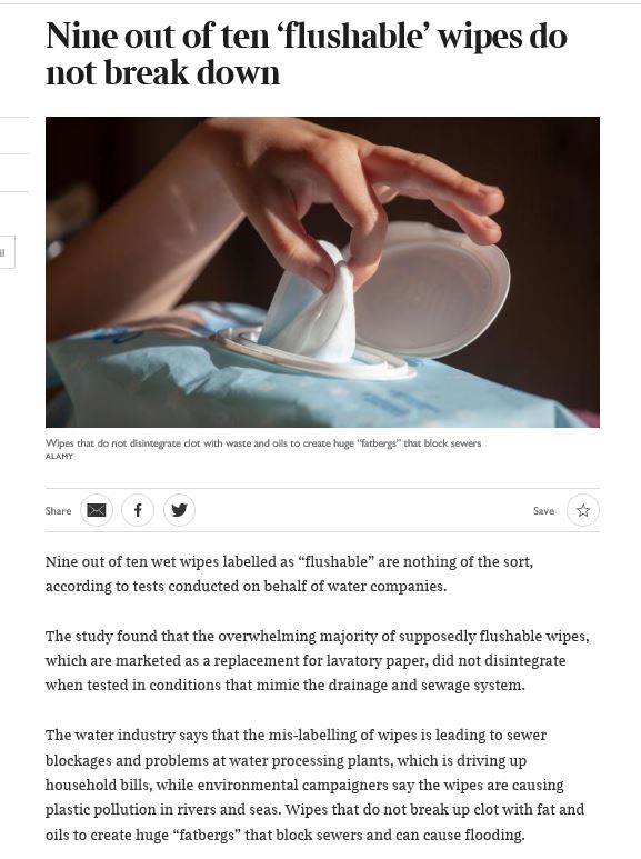 uugroupplc's tweet photo. Great to see @thetimes giving coverage to the impact of wetwipes on our sewage systems, watercourses and beaches. Tune into @BBCRadio4's "Costing the Earth" @ 3.30pm today for a full length feature with our Network Strategy Manager Tony Griffiths #Unflushables #OnlyPaperPeeAndPoo https://t.co/wG2yJHqBB9