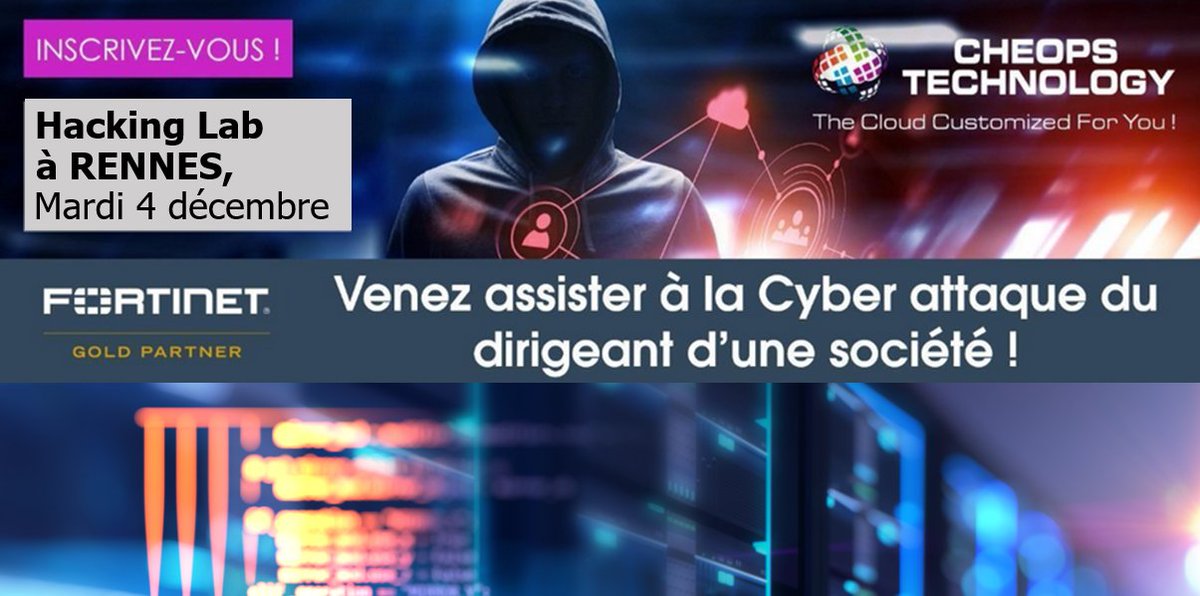 CheopsTechno's tweet photo. #agenda - Hacking Lab ! Rejoignez-nous à la Fabrique à Rennes, le mardi 4 décembre de 9h30 à 14h, pour une matinée de démonstration de cyberattaques en live et de découverte des solutions.
Inscription : https://t.co/EgInhVOhMJ
#CheopsTechno #Fortinet #Rennes #HackingLab #Live https://t.co/8Cvd3kRjRe