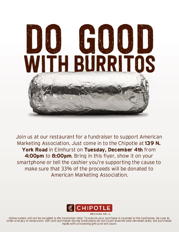 ec_ama's tweet image. Come eat and help raise funds. You’re invited to join us on Dec. 4th 4:00pm at Chipotle in Elmhurst. Make sure to bring this flyer with you. #AMAEC