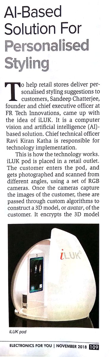 EinovateBrands's tweet photo. #ClientCoverage: #FRTech #iLUK featured in #ElectronicsForYou November 2018 Issue #MakeInIndia #StartUpZone section Page 109 and 110. 
#FRTechIndia #MakeInIndia #DeepTech #AI #StartUp #ArtificialIntelligence #ComputerVision #AIPersonalStylist #AiStylist @efycon #EFY https://t.co/iSmUlq1973