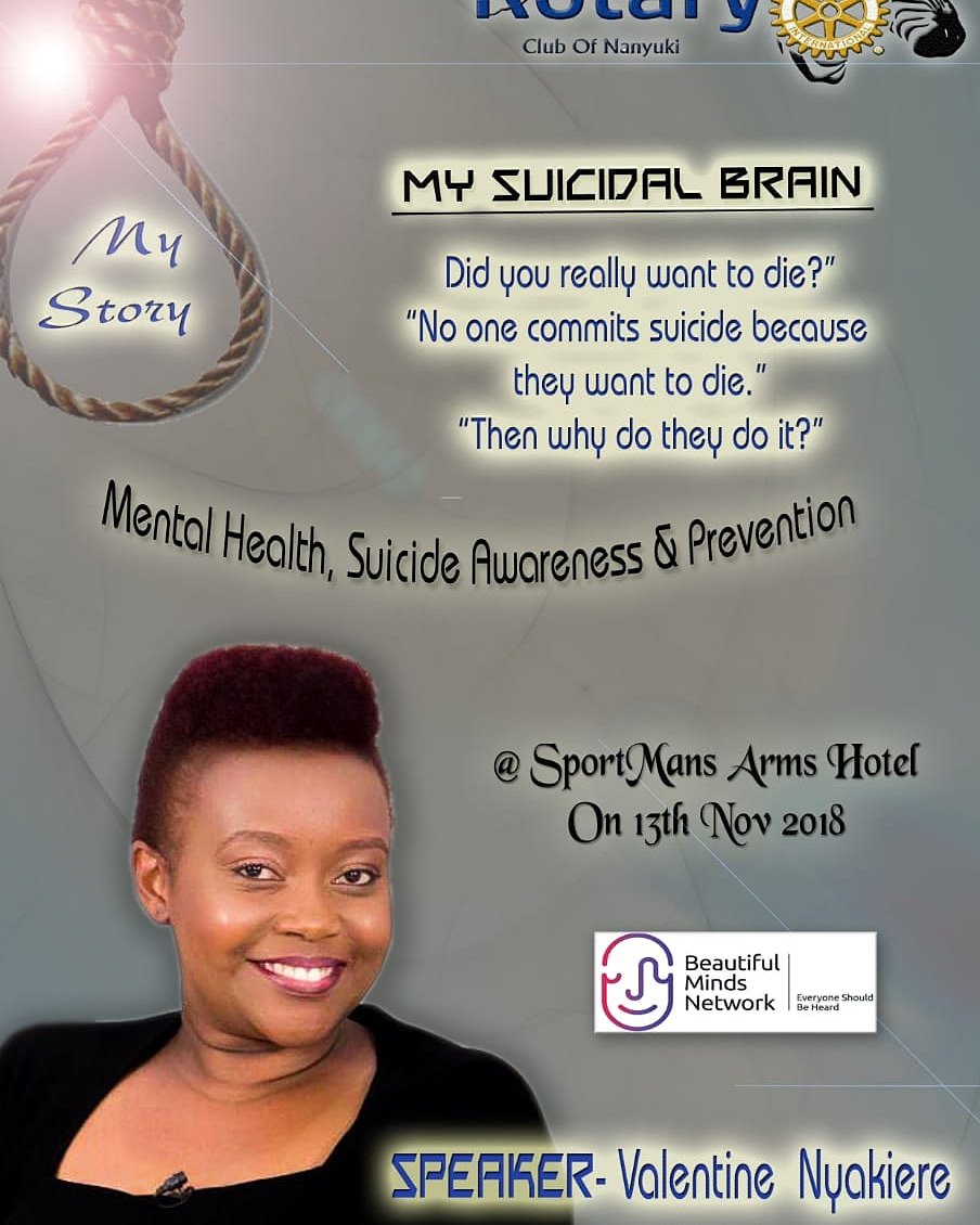 Join Ms Valentine Nyakiere this evening at the Rotary Club of Nanyuki as she talks about her Suicidal Journey, Mental Health, Suicide Awareness and Prevention.

#MentalHealthAwareness