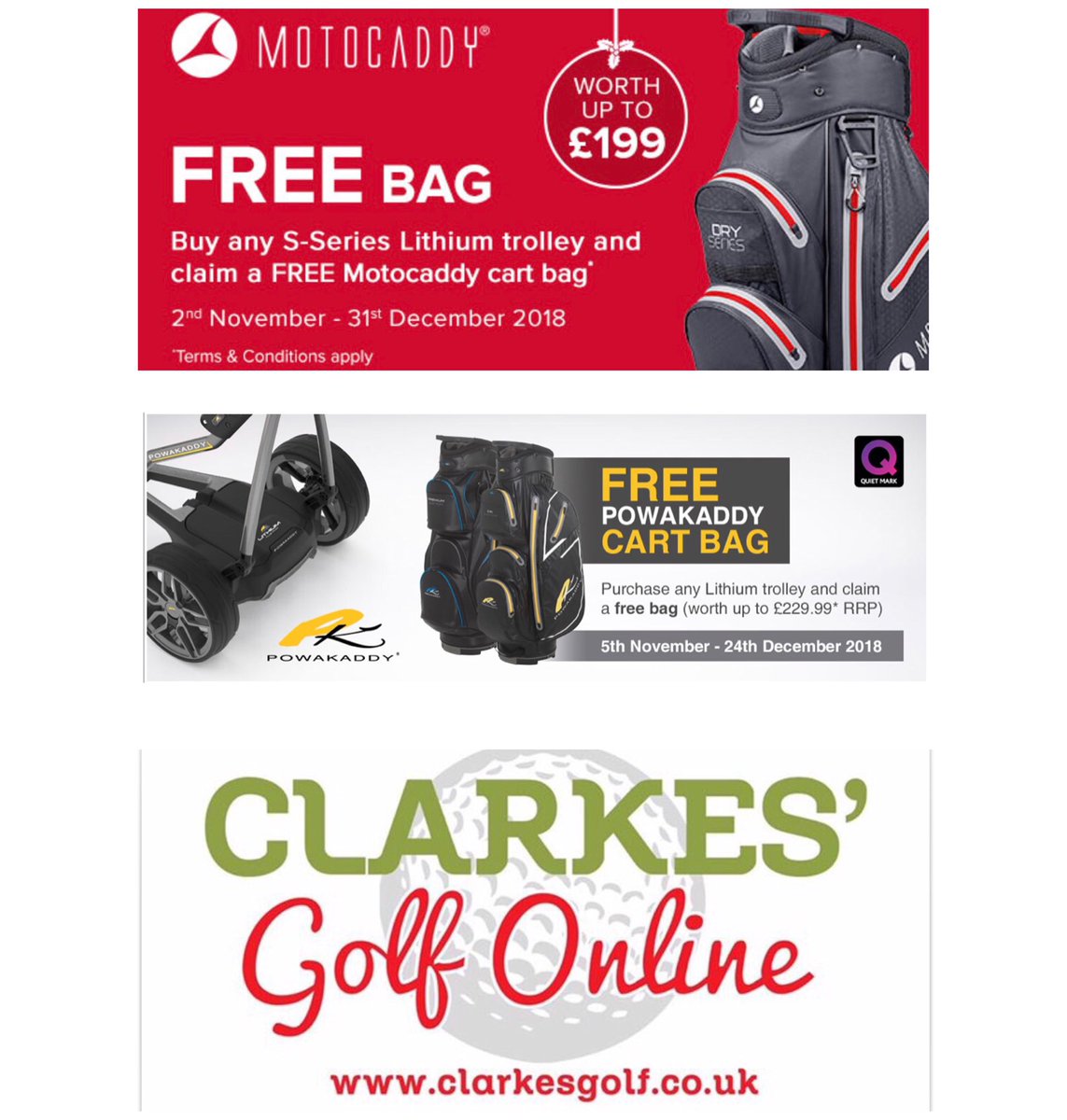 🎄🎅🏻*XMAS PROMOTIONS*🎅🏻🎄

🗣Fantastic •FREE• bag offer running up untill Xmas @ClarkesGolf from @MotocaddyGolf & @PowaKaddy_Golf 🎁
Shop Online or ☎️ 01744 885294 for more info T’s & C’s apply. 
#motocaddy #powakaddy #freebag #xmasgifts #electrictrolley #lithium