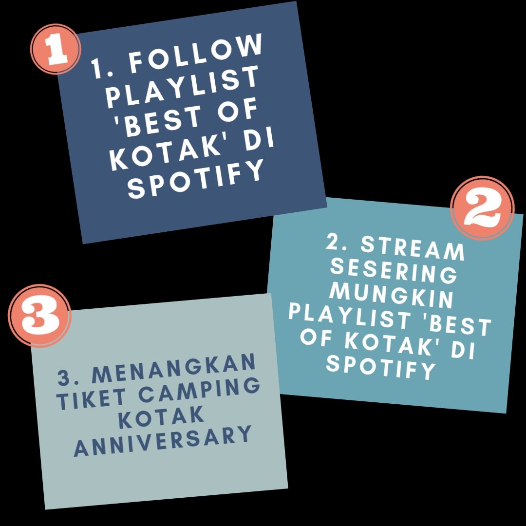 Official KOTAK (@kotakband_) on Twitter photo Yuk kerabat RT <a href="/WarnerMusicID/">WarnerMusicID</a>: 1. Follow playlist 'Best of KOTAK' di <a href="/Spotify/">Spotify</a>
2. Stream sesering mungkin playlist 'Best of KOTAK'
3. Menangkan tiket camping <a href="/kotakband_/">Official KOTAK</a> Anniversary di Malang, 4&5 Desember 2018
WarnerMusicIndonesia.lnk.to/FollowKOTAKTA Yuk kerabat RT <a href="/WarnerMusicID/">WarnerMusicID</a>: 1. Follow playlist 'Best of KOTAK' di <a href="/Spotify/">Spotify</a>
2. Stream sesering mungkin playlist 'Best of KOTAK'
3. Menangkan tiket camping <a href="/kotakband_/">Official KOTAK</a> Anniversary di Malang, 4&5 Desember 2018
WarnerMusicIndonesia.lnk.to/FollowKOTAKTA