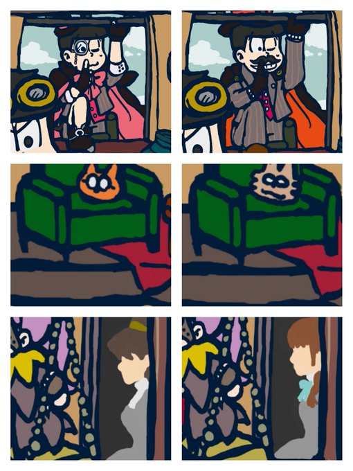 念のため、解答載せておきます

①末弟→長男②エスニャン→親友③ととこ→彼女ちゃん④染みが松型→猫の足跡型⑤緑の薬品→黄色⑥魚の向き

遊んでくださってありがとうございました☺ 