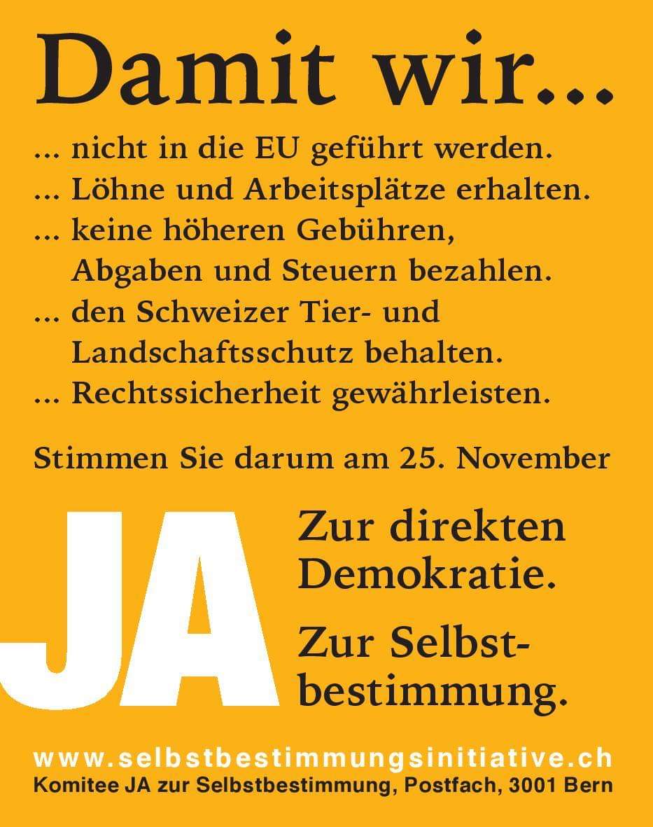 DanieleWeber_CH's tweet photo. Ja zur direkten Demokratie  -  Ja zur Selbstbestimmung  -  Ja zur Freiheit  -  Ja zur Schweiz #Selbstbestimmungsinitiative #SBIJA #schweiz #Abst18 #CHvote https://t.co/8ji8BHD2Ye