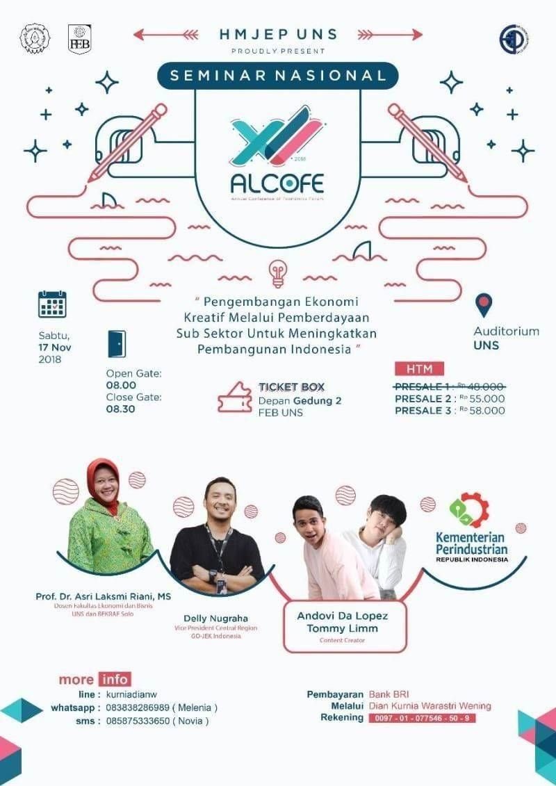 Kalo kamu punya interest di bidang ekonomi kreatif, wajib banget nih kamu ikutan seminar nasional yang jadi bagian dari acara <a href="/ALCOFE_UNS/">ALCOFE XIV</a>! #BERES
