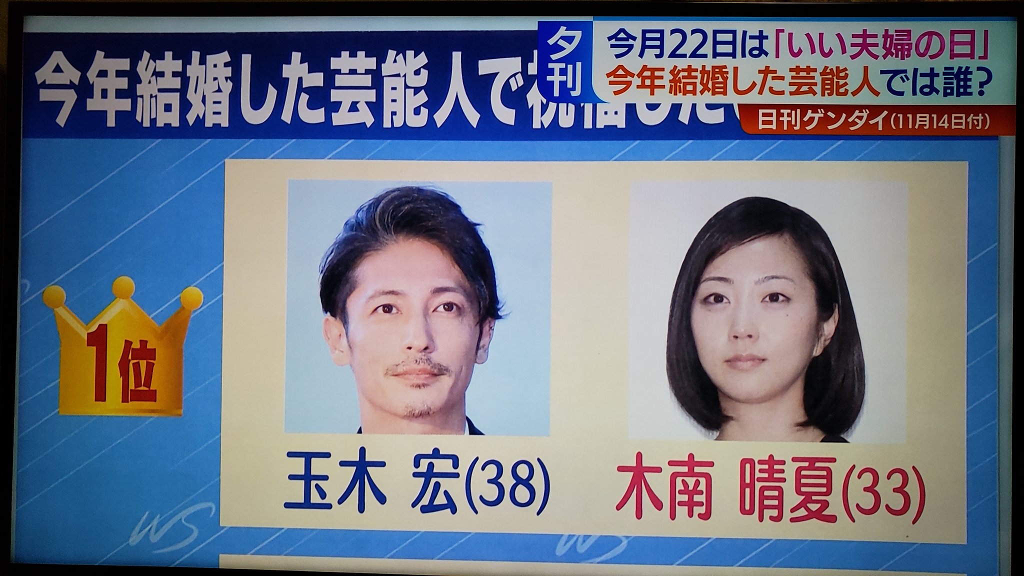 ゆう Twitter ನಲ ಲ ワイドスクランブルで今年結婚した芸能人で祝福したいカップルは 1位 玉木宏さん 木南晴夏さんカップルの放送がありました ˊ ˋ T Co Iih8f5arse Twitter