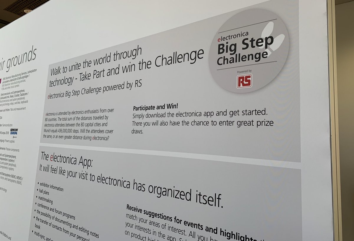 RSDesignSpark's tweet image. Make sure you download the free @electronicaFair app and take part in our #BigStepChallenge #EleBigStep to enter our great prize draw. Can we reach 436million steps together?? #ele18