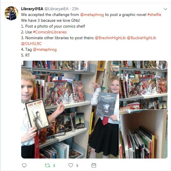 Libraries! School libraries! We're back to challenge you to post your graphic novel #shelfie !
The rules: 
1. Post a photo of your comics shelf
2. Use #ComicsInLibraries 
3. Nominate other libraries to post theirs
4. @metaphrog us so we can retweet
Please RT!