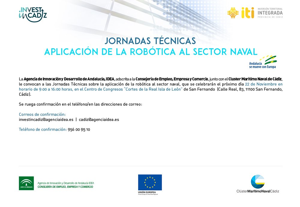 IDEAJunta's tweet photo. 📢 EL día 22 de #noviembre organizamos en #Cádiz, junto a @ClusterCadiz, una jornada técnica sobre #robótica en el 🚢🏗️📈 #sectornaval. Para inscribirte ✒️ envía un correo electrónico a investincadiz@agenciaidea.es
Cc/ @EmpleoJunta @CadizJunta https://t.co/RdghJl1OZr