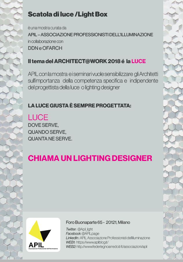 APIL_light's tweet image. Voi ci sarete ad Architect@work  di Milano il 14 e 15 novembre? Si parlerà di Luce. Gli eventi sono  organizzati in collaborazione con noi di APIL, e @ddn_world   &amp;gt;&amp;gt; bit.ly/lightematerial
#lightingdesign  #luce  #interiordesign  #materiali