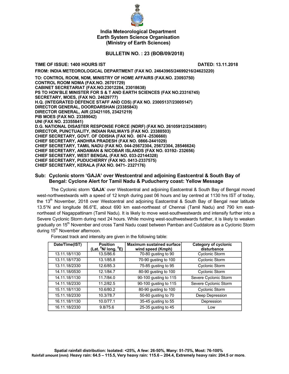 tnsdma's tweet image. IMD Bulletin No. 23 - Cyclone alert for TamilNadu and the probable landfall between Pamban and Cuddalore on the forenoon of 15th Nov&apos;18 #CycloneGaja
Share as much as possible