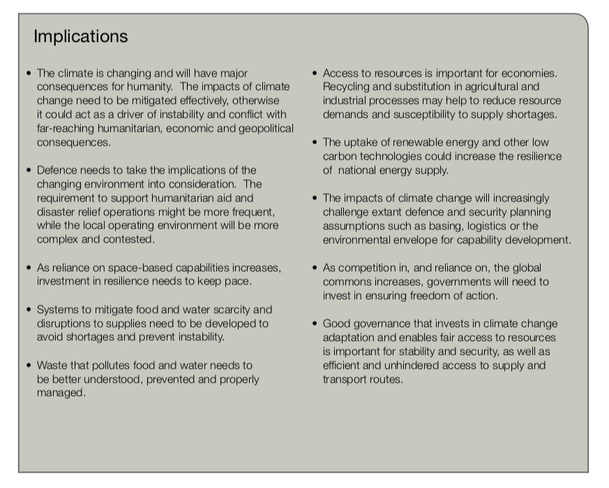 The hefty chapter on Environment and resources is chock full of apocalyptic predictions, stated in the matter of fact manner of a shipping forecast. What I find most compelling about this report is the risk management perspective the military necessarily bring to bear on this 4/n