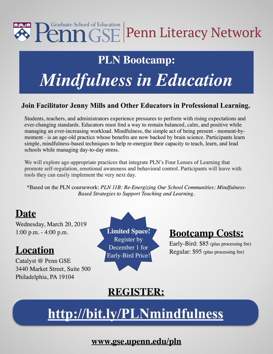 Join us for a #mindfulness bootcamp for #educators at <a href="/CatalystPennGSE/">Catalyst @ Penn GSE</a>! Early bird pricing until 12/1 #deeperlearning #GrowthMindset #SEL #lifelonglearning #PersonalizedPD #ProfDev #PLN #TeacherPD #k12 #StudentCentered #SchoolCulture