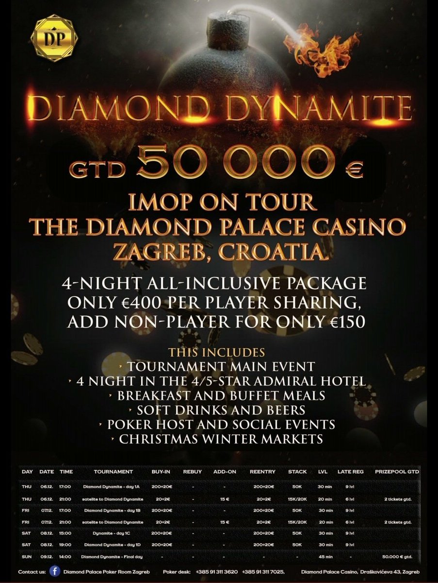 Tuesday 8-MAX  €1000 Guarantee         

Freeze Out, €40  (+€10 reg+league) 8pm

8-handed tables for more comfort

RT for a chance to win half price entry.

Travel with us to #Croatia check out <a href="/ImopTour/">IMOP Tour</a>

#Cork #poker #Ireland #purecork #WeAreCork  <a href="/SteveMerrick66/">Steve Merrick</a>