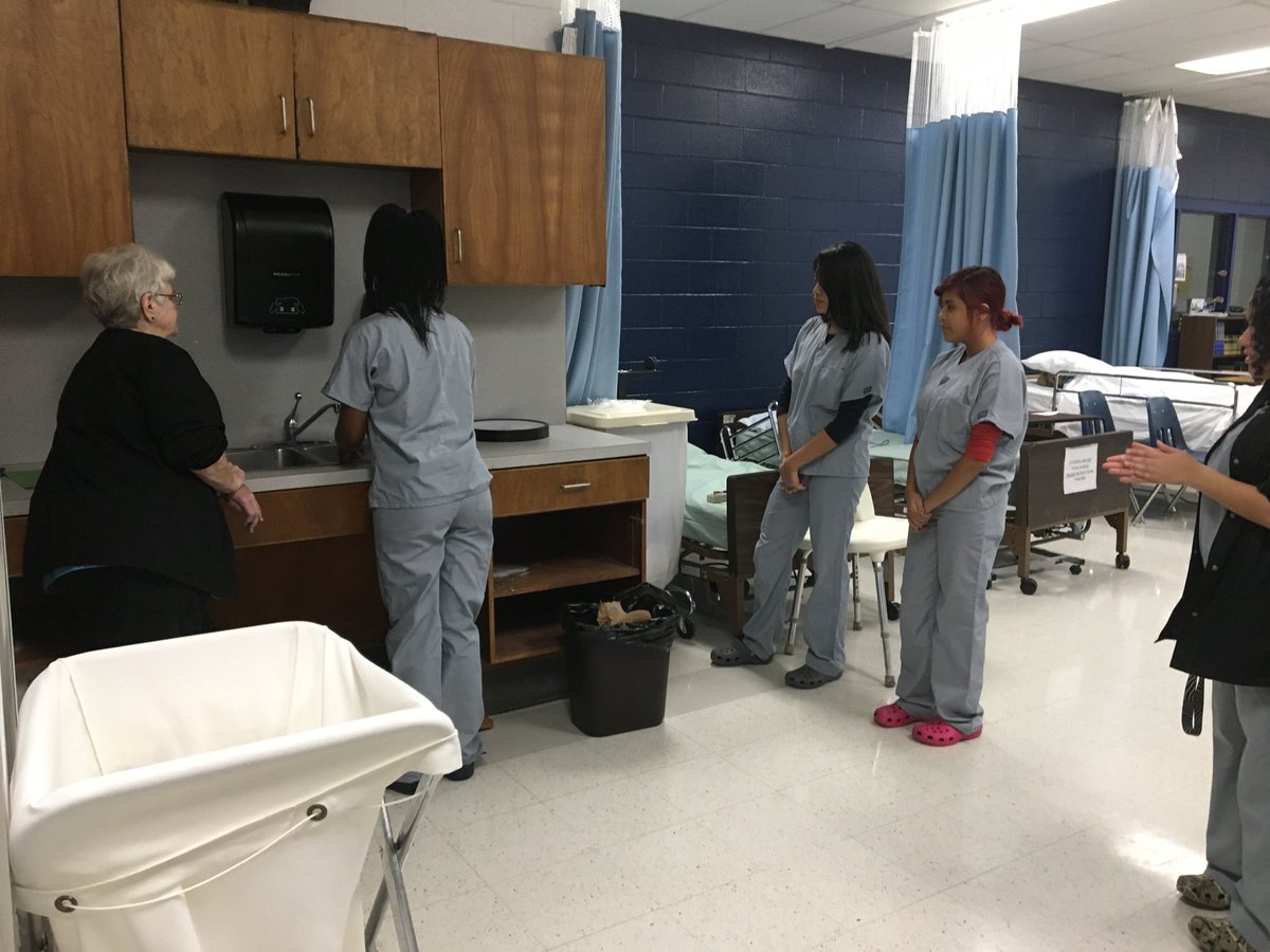 Nursing Fundamentals students are practicing their hand washing skills with supervision by Nurse Bonnie Elias. #VanceCoProud