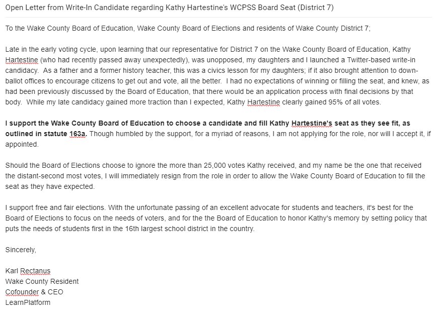 karlrectanus's tweet photo. Open Letter Regarding Kathy Hartestine's @WCPSS Board Seat (from a Write-in Candidate)
tl;dr - let the School Board appoint a worthy replacement so we can focus on what's best for kids.
cc: @gercohen @nckhui @gregflynn @WakeElections https://t.co/STjigFxZB8