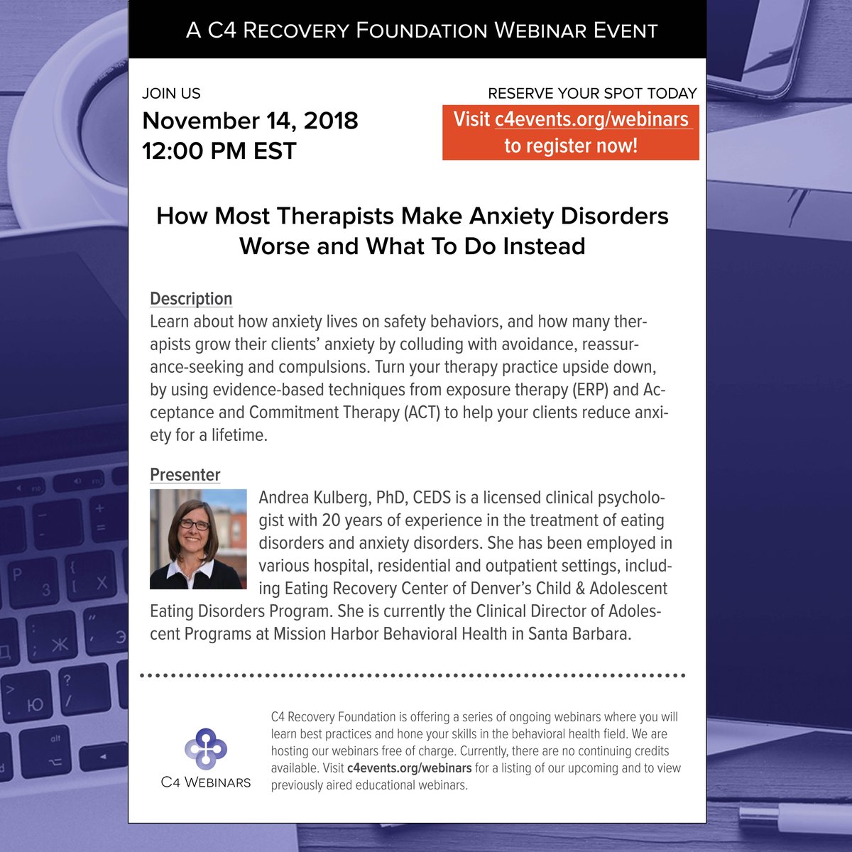 c4events's tweet photo. Don't miss this free webinar tomorrow at 12:00 EST - How Most Therapists Make Anxiety Disorders Worse and What To Do Instead with Dr. Andrea Kulberg. Register now at https://t.co/1Crk2fALi0.  #C4events #behavioralhealthwebinar https://t.co/yDNG6jNq9B