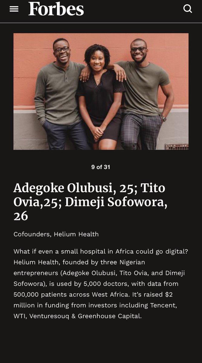 dimejisofowora's tweet image. Super honoured to be included in the 2019 #ForbesUnder30 list 🙏🏾