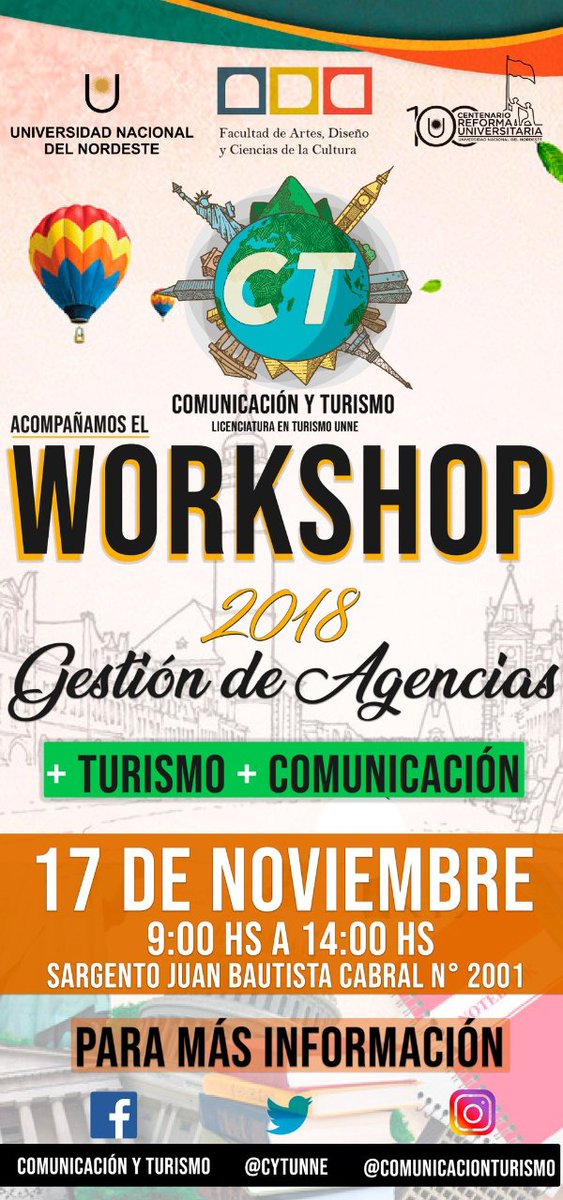 lucilaaltamiran's tweet photo. No te pierdas este próximo sábado!! @CyTunne @FADyCC @unneargentina @RadioUNNE997 #workshop2018 #CyTUNNE #turismo #turismounne #gestiondeagencias https://t.co/8IqUmLUgbs