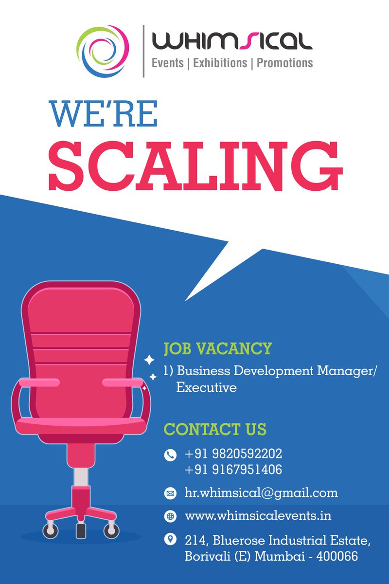#WhimsicalEventsAndExhibitions is #Hiring!

#BusinessDevelopers drop your resume on hr.whimsical@gmail.com

#Vacancy #Jobs #MumbaiJobs #EventManagement #ExhibitionManagement #Exhibition