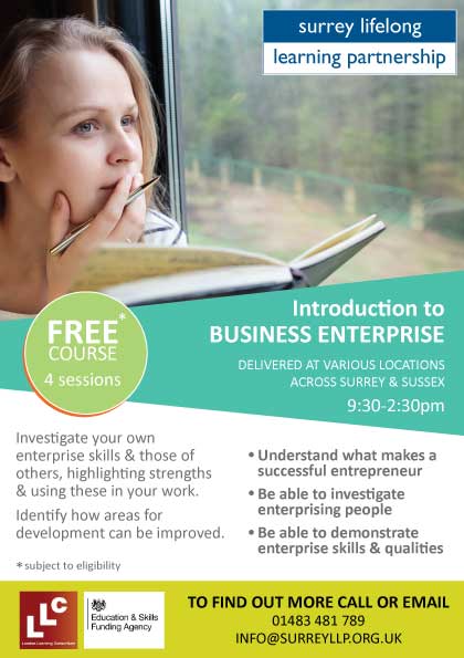 We still have spaces available on our FREE #BusinessEnterprise course, starting Thurs 15th Nov at Redhill JCP.  10-2:30pm for 4 weeks, every Thurs. Call 01483 481 789 or email info@surreyllp.org.uk

<a href="/JCPinSurrey/">JCP in Surrey</a> #freecourses #businessowner #SmallBusiness #enterprise #learning