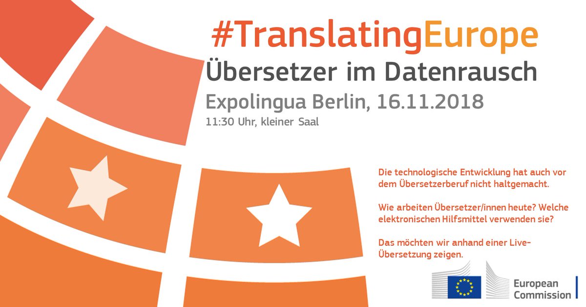 l_ribier's tweet photo. Informationen zum Übersetzen bei der EU und zur Mehrsprachigkeit gibt es an unserem Stand auf der Expolingua - und bei unserem Live-Übersetzungs-Workshop! Freikarten gibt es auf https://t.co/rUdBKxJF3i
#TranslatingEurope #2018TEF #ExpolinguaB @translatores @degiael https://t.co/wvPwIjqTnh