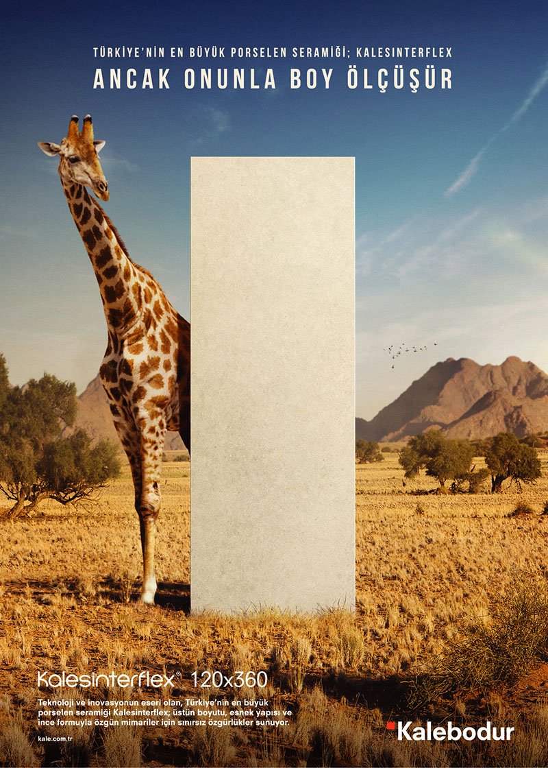 Türkiye'nin en büyük seramiği safariye çıktı! 😊 
#Kalesinterflex #Kalebodur #Advertising #Print #ArtDirection #Copywriting #Giraffe #Safari #Nature #Design #New #Work #Modiki #Creativity #Marketing #Campaign