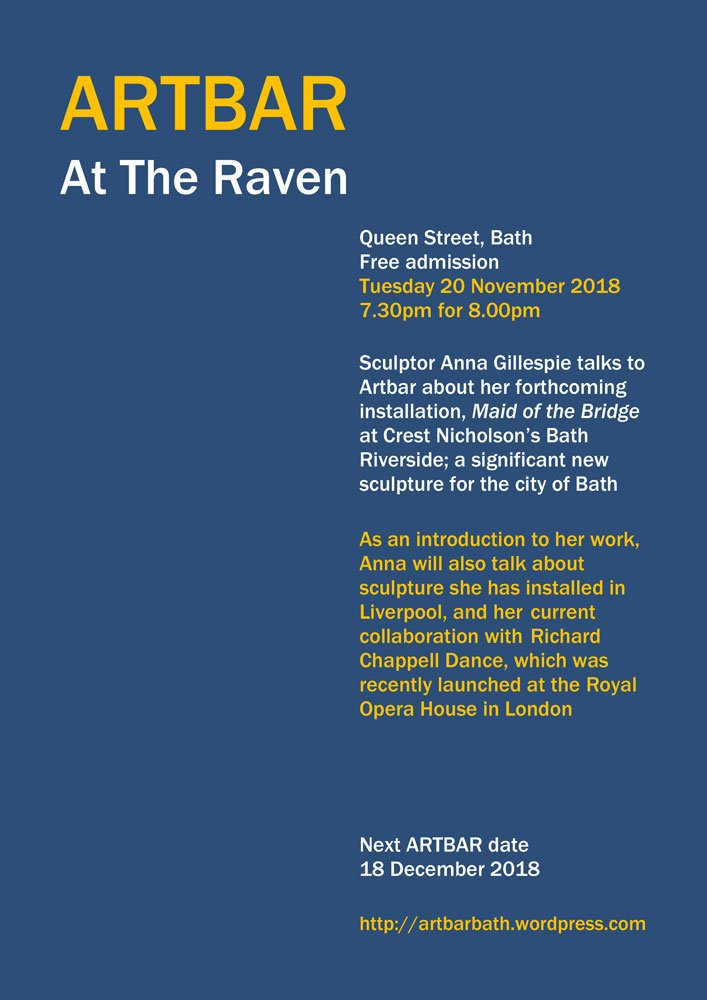 Tues 20th #artbar @theravenofbath @gillespiesculpt will introduce her new sculpture fior Bath, Maid of the Bridge @burohappold @Ironart_of_Bath @GrantAssociates @visitbath @CreativeBath @FringeArtsBath @WeLoveBath @forestimaginatn @bathnes @BathnesParks