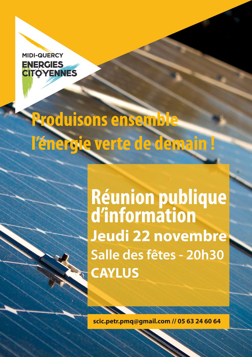 Réunion publique d'information sur la SCIC Midi Quercy Energies Citoyennes le jeudi 22 novembre à la salle des fêtes de Caylus à 20h30