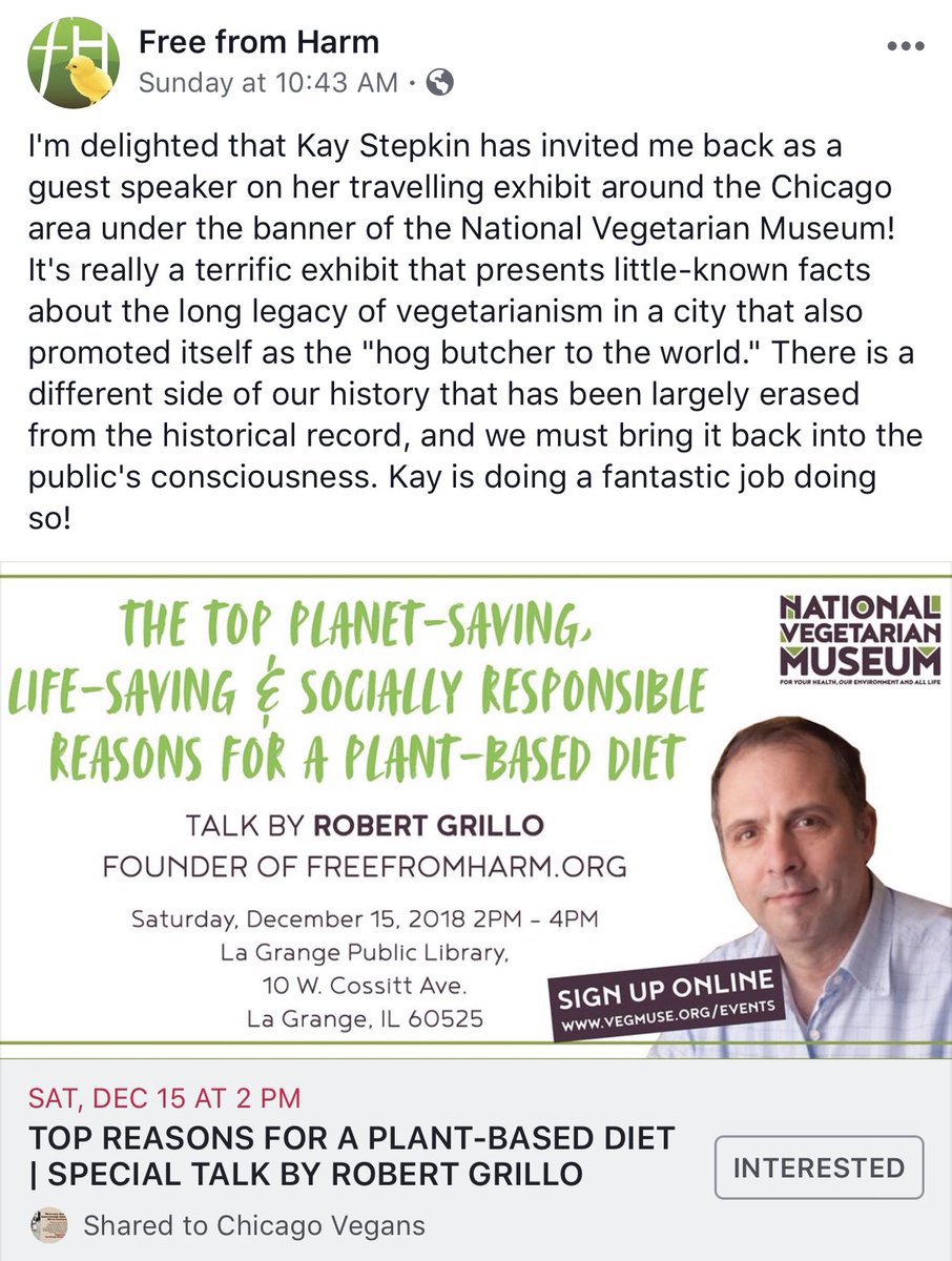 Robert Grillo founder of #vegan advocacy organization #freefromharm freefromharm.org is speaking at 
Lagrange Library
Sunday Dec 15
2-4pm
#Chicago
#vegan
@EventsVeg @ChicagoPlantEat @chicago_veg @VeggieFest
vegmuse.org/events