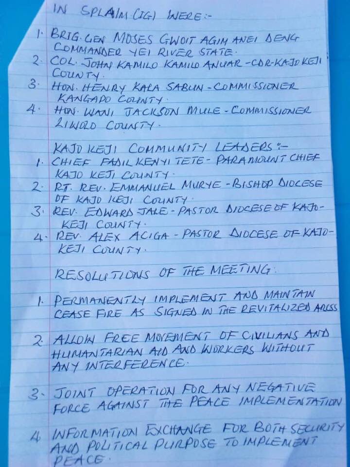alanboswell's tweet image. The two warring #SouthSudan sides plus community leaders meet outside Kajo Keji. Latest of a string of joint meetings past couple weeks in Yei state, a hotbed of the conflict.