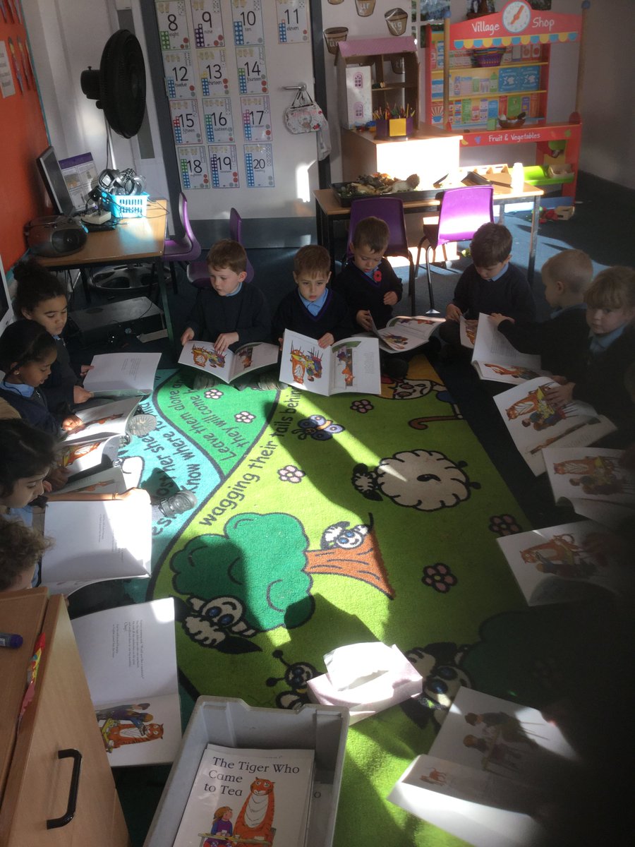 AHMrsTomlinson's tweet photo. Today the children are reading the story 'The Tiger Who Came To Tea' by Judith Kerr. They enjoyed listening about the greedy tiger and handled the books with care! #TheTigerWhoCameToTea #JudithKerr #Literacy #GuidedReading #SharedText https://t.co/seeNYQKUl4