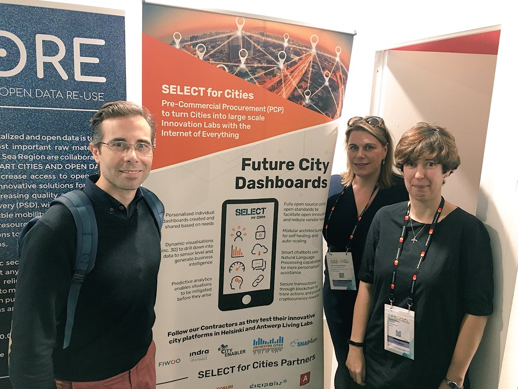 Showcasing @SELECT4CITIES Internet-of-Everything innovation platforms with @ForumVirium,  @DgplsAntwerpen and @21cData at #SCEWC. Find us at the OASC booth near the Microsoft stand.