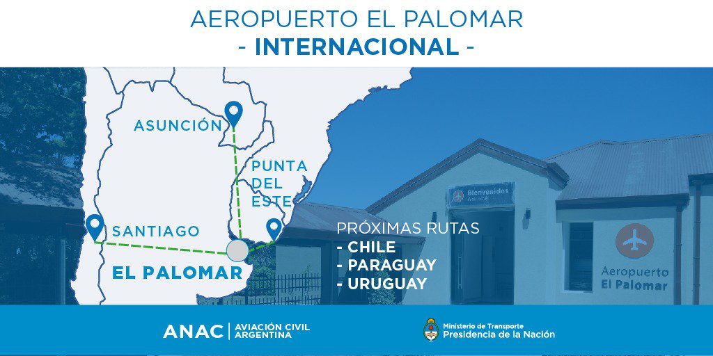 ¡El Palomar ya es internacional! Se firmó la resolución que habilita la operación de vuelos internacionales desde el Aeropuerto de #ElPalomar. A partir de diciembre tendrá conexión con Santiago de Chile, Punta del Este (Uruguay) y Asunción (Paraguay).